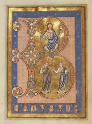 Ms 12 f.12v Initiale B représentant, en haut : Christ assis, en bas : deux femmes représentant la Miséricorde et la Vérité, du Psautier de Peterborough, vers 1260
